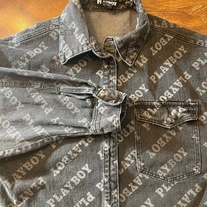 PLAYBOY all over print Charcoal Denim thick button down with snaps size large
